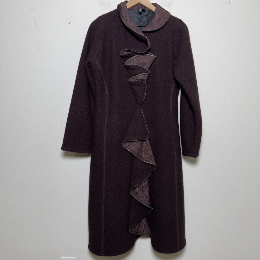 Anthropologie Covelo Women Wool Coat L Purple Ruffle Whimsigoth Zip Longline